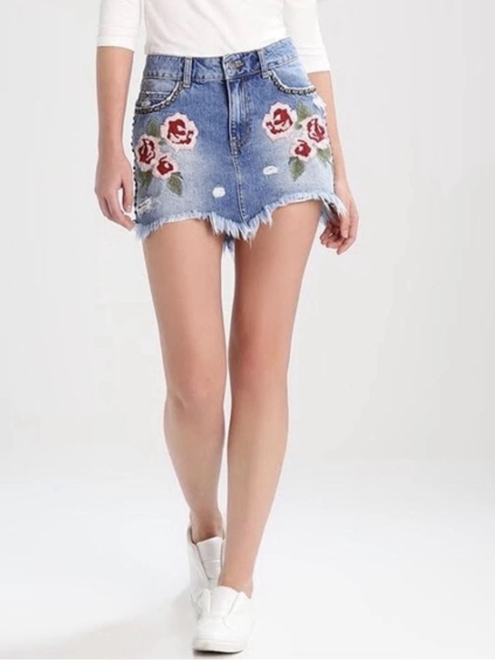 Free People Distressed Denim Mini Skirt with Red Rose Embroidery - Blue